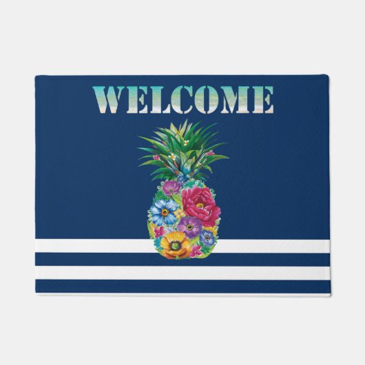フローラパイナップル航海のネイビーブルーストライプの ドアマット (正面)