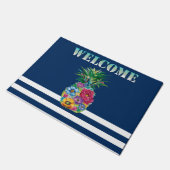 フローラパイナップル航海のネイビーブルーストライプの ドアマット (アングル)