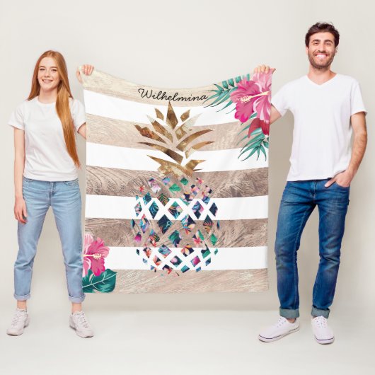 フローラパイナップル金ゴールド ストライプの フリースブランケット (インサイチュ)