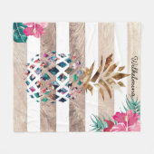 フローラパイナップル金ゴールド ストライプの フリースブランケット (正面(横))