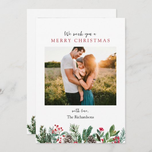フローラパインツーフォトクリスマスホリデーカード 招待状 (正面/裏面)