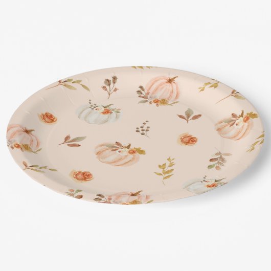 フローラパステルオレンジ秋リトルカボチャ誕生日 ペーパープレート (アングル)