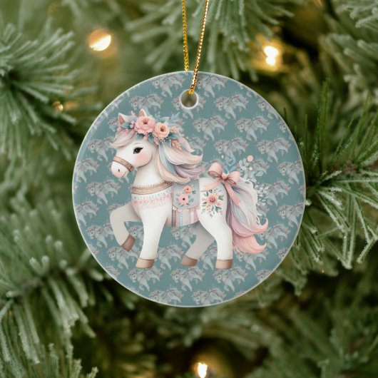 フローラパステルホースファンタジーイラストレーションキューブパフ セラミックオーナメント (ツリー)