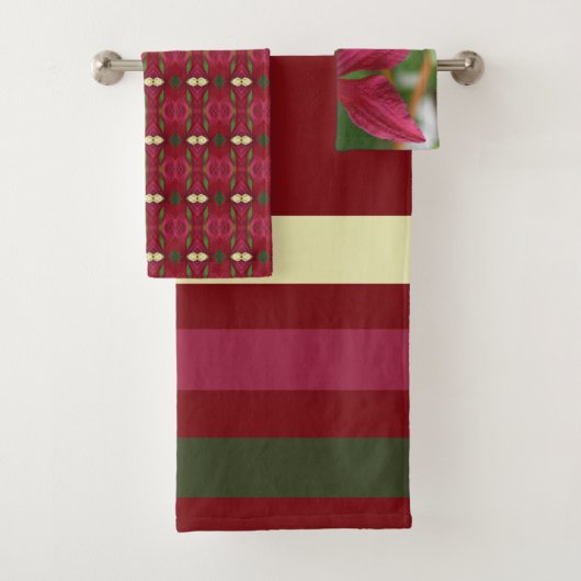 フローラパターン(の模様が)あるとストライプブルゴーニュ バスタオルセット (インサイチュ)