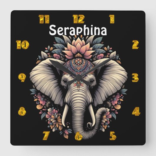 フローラパターン（の模様が）ある象の自然 スクエア壁時計 (正面)