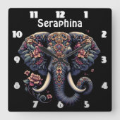 フローラパターン（の模様が）ある象 スクエア壁時計 (正面)