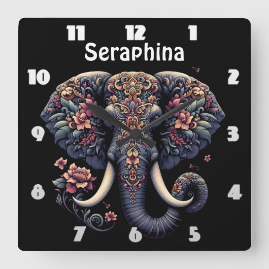 フローラパターン(の模様が)ある象 スクエア壁時計 (正面)