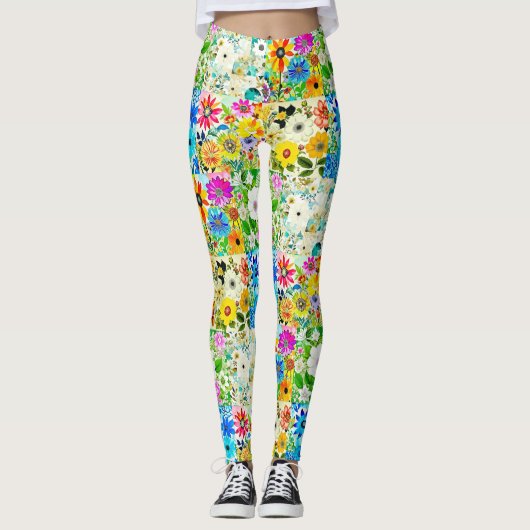 フローラパッチワークアートウォーターカラーフラワー レギンス (正面)