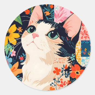 フローラパッチワーク猫 ラウンドシール