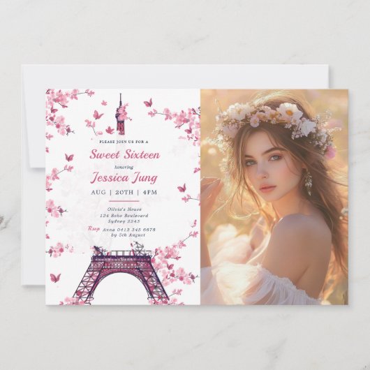 フローラパリエッフェルタワースウィート16誕生日写真 招待状 (正面)