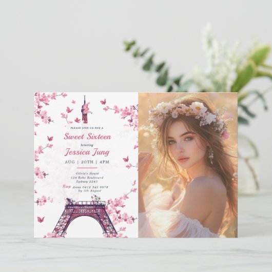 フローラパリエッフェルタワースウィート16誕生日写真 招待状 (スタンド正面)