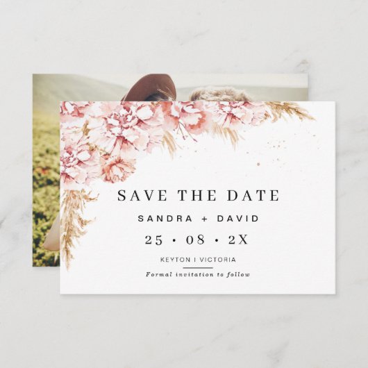 フローラパンパスグラスウェディング日付カードを保存 招待状 (正面/裏面)