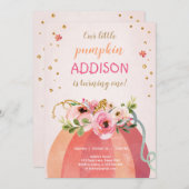 フローラパンプキンオータム秋金ゴールドピンク誕生日ガール 招待状 (正面/裏面)