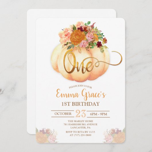 フローラパンプキンファースト誕生日招待状 招待状 (正面/裏面)