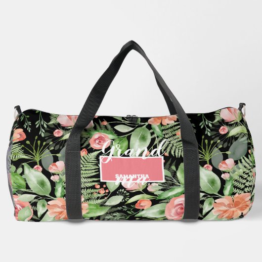 フローラパーソナライズされたおばあちゃんの母の日ブラック ダッフルバッグ (裏面)