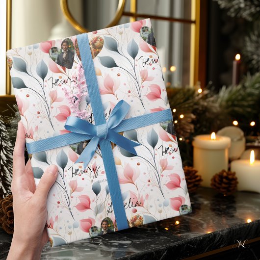 フローラパーソナライズされたエレガンス（写真と名前） ラッピングペーパー