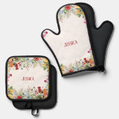 フローラパーソナライズされたガーデンカラフルフラワー 鍋つかみ&鍋敷きセット (正面/裏面)