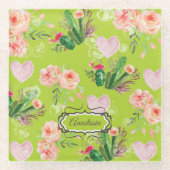 フローラパーソナライズされたサボテンの水色 ガラスコースター (正面)