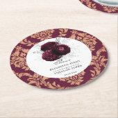 フローラパーソナライズされたズ結婚ブルガンディナプキンズパペ ラウンドペーパーコースター (アングル)