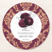フローラパーソナライズされたズ結婚ブルガンディナプキンズパペ ラウンドペーパーコースター (正面)
