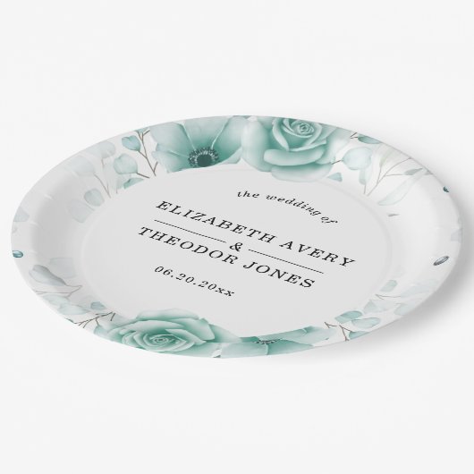 フローラパーソナライズされたセージ結婚グリーンのナプキン ペーパープレート (アングル)