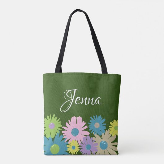 フローラパーソナライズされたデイジーピンクグリーンブルー トートバッグ (裏面)