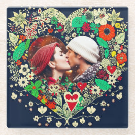 フローラパーソナライズされたハートフレーム写真 ガラスコースター