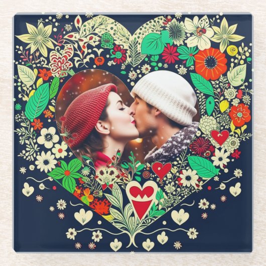 フローラパーソナライズされたハートフレーム写真 ガラスコースター (正面)