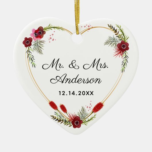 フローラパーソナライズされたハート写真氏ミセス結婚ズ セラミックオーナメント (正面)