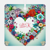 フローラパーソナライズされたハート枠クリスマスプレゼント メタルオーナメント (裏面)