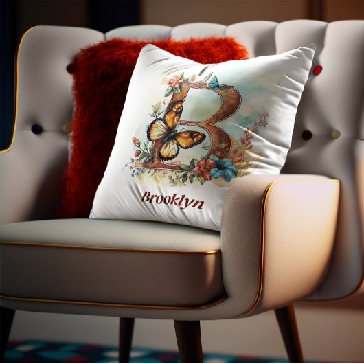 フローラパーソナライズされたバタフライレターBモノグラム クッション