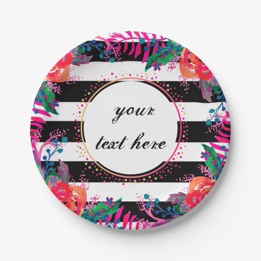 フローラパーソナライズされたバンチとブラックストライプの ペーパープレート (正面)