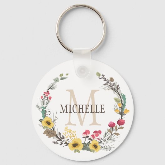 フローラパーソナライズされたモノグラムウッドランド キーホルダー (正面)
