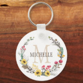 フローラパーソナライズされたモノグラムウッドランド キーホルダー (正面)