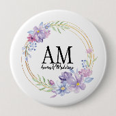 フローラパーソナライズされたモノグラム薄紫ブーケ 缶バッジ (正面)