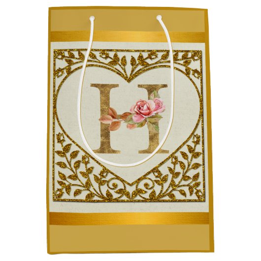 フローラパーソナライズされたモノグラム、AからZまで ミディアムペーパーバッグ (正面)