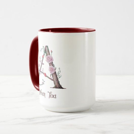 フローラパーソナライズされたモノグラムAとバラ&樹皮 マグカップ (正面左)