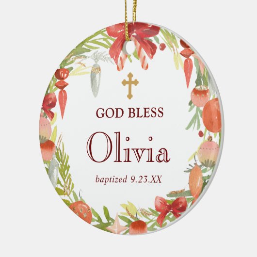 フローラパーソナライズされたリースバプテススギフトゴッドブレス セラミックオーナメント (左)