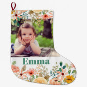 フローラパーソナライズされた娘孫写真 ラージクリスマスストッキング (正面)