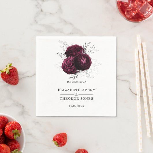 フローラパーソナライズされた結婚のブルゴーニュ スタンダードカクテルナプキン (インサイチュ)