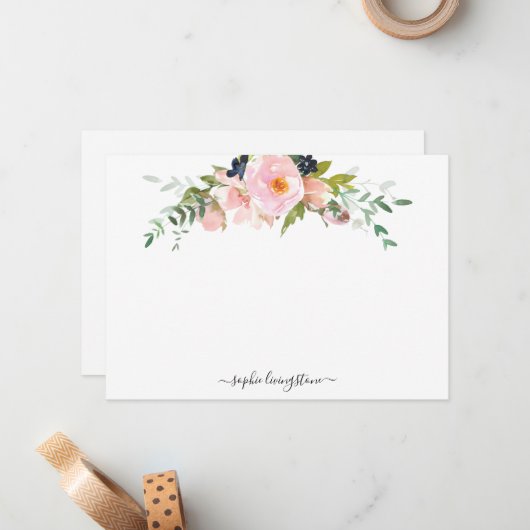 フローラパーソナライズされた赤面ピンク牡丹と緑 ノートカード (正面/裏面インサイチュ)