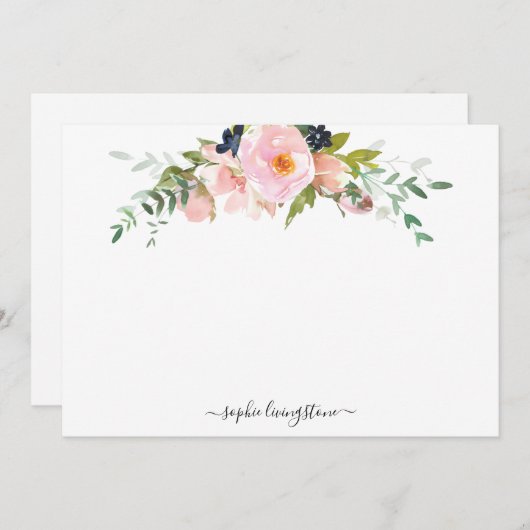 フローラパーソナライズされた赤面ピンク牡丹と緑 ノートカード (正面/裏面)