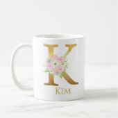 フローラパーソナライズされた金ゴールドモノグラム文字Kカスタム コーヒーマグカップ (左)