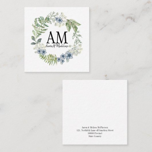 フローラパーソナライズされた・モノグラム・フォレスト・フラワー スクエア名刺 (正面/裏面)