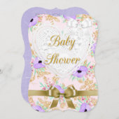 フローラパープルと金ゴールドベビーシャワー招待状 招待状 (正面/裏面)