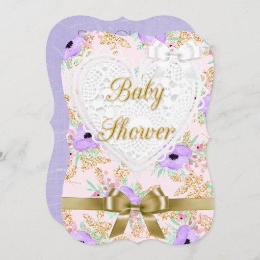 フローラパープルと金ゴールドベビーシャワー招待状 招待状 (正面/裏面)