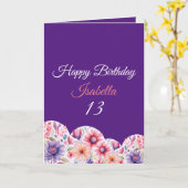 フローラパープルウォーター色ハート13誕生日 カード (黄色い花)