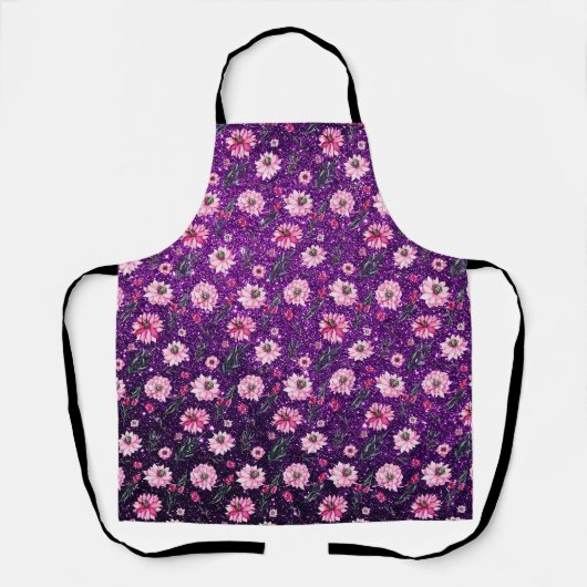 フローラパープルグリッターキッチンクリスマスプレゼント エプロン (正面)