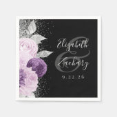 フローラパープルシルバーグリッタースクリプトブラック結婚ズ スタンダードカクテルナプキン (正面)