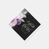 フローラパープルシルバーグリッタースクリプトブラック結婚ズ スタンダードカクテルナプキン (角)
